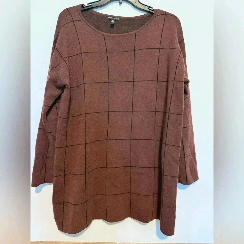 Eileen Fisher Brownstone Windowpane Merino Wool Bateau Neck Box Top Sweater M